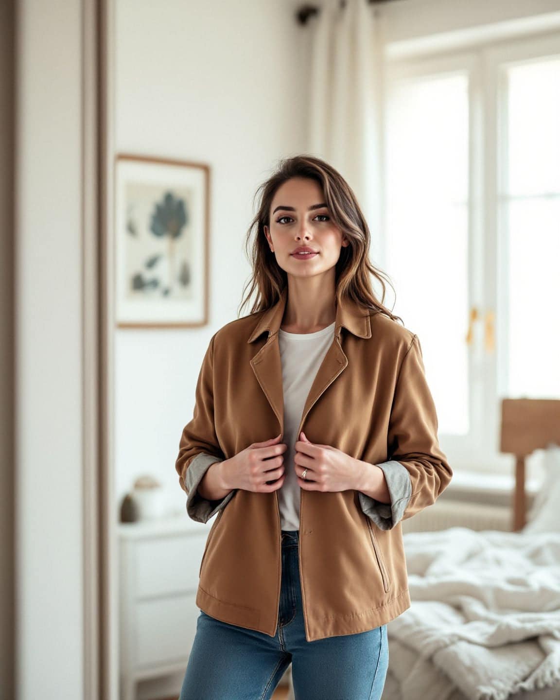 A woman tries on a camel jacket in a bright bedroom, adjusting the front.