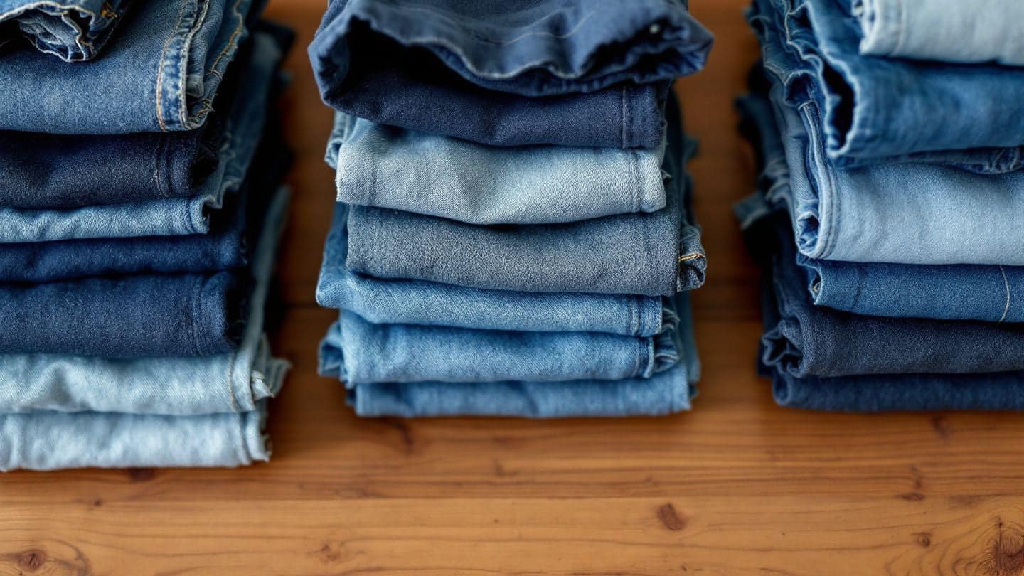 Stacks of folded jeans in different washes on a wooden table.