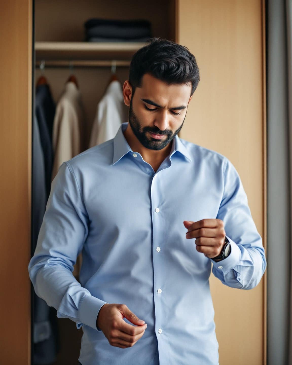 A man buttons the cuff of a light blue shirt in front of an open wardrobe.
