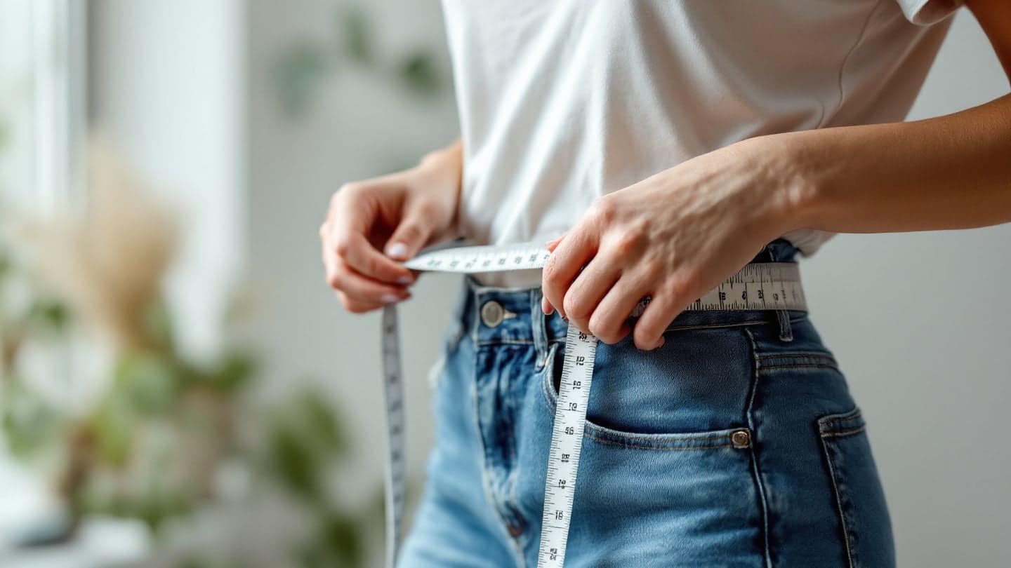 A woman wraps a tape measure around her waist over jeans and a white t-shirt.